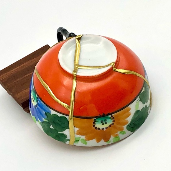 Retro Floral Teacup Kintsugi Eggshell Gold Crack Vtg MCM Japanese Growth Gift - Picture 9 of 16